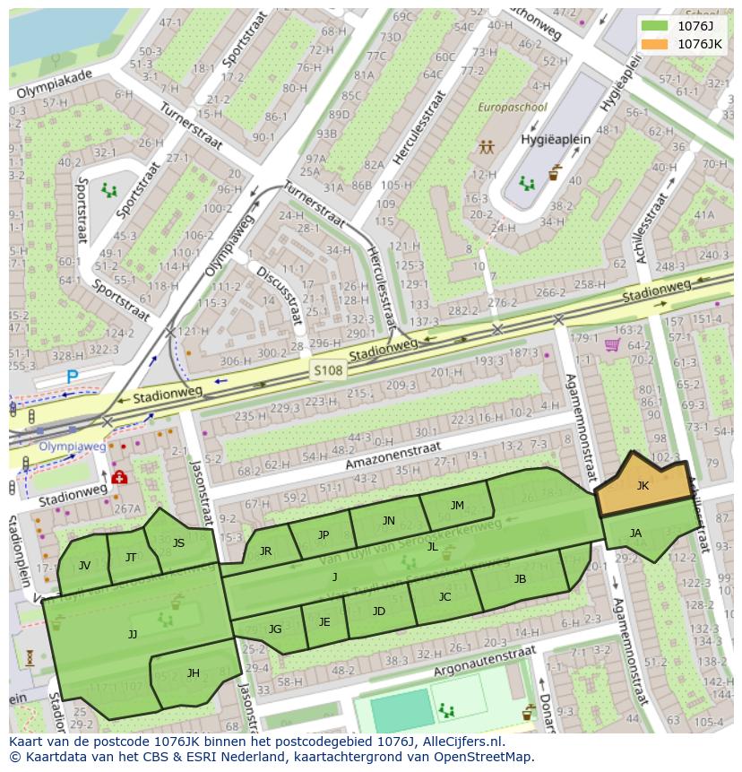 Afbeelding van het postcodegebied 1076 JK op de kaart.
