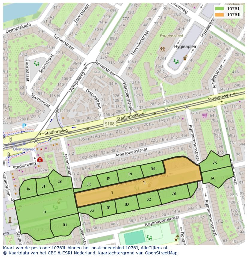 Afbeelding van het postcodegebied 1076 JL op de kaart.
