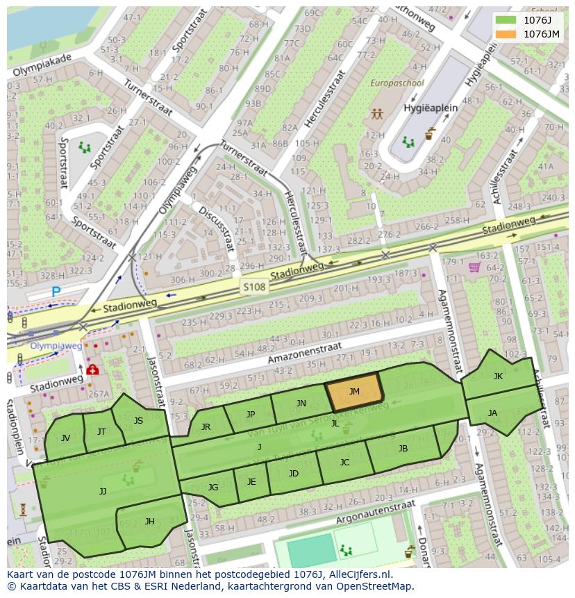 Afbeelding van het postcodegebied 1076 JM op de kaart.