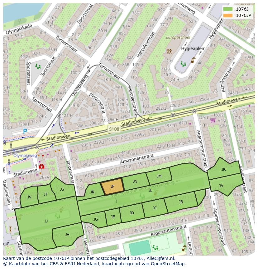 Afbeelding van het postcodegebied 1076 JP op de kaart.