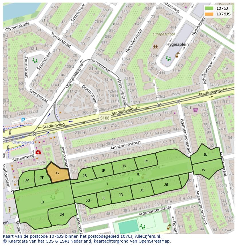 Afbeelding van het postcodegebied 1076 JS op de kaart.