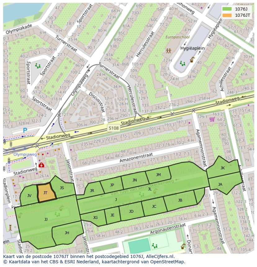 Afbeelding van het postcodegebied 1076 JT op de kaart.