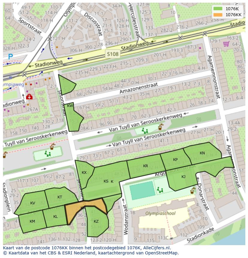 Afbeelding van het postcodegebied 1076 KK op de kaart.