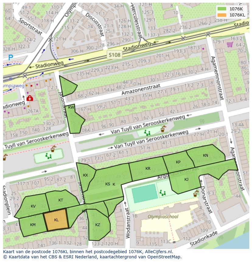 Afbeelding van het postcodegebied 1076 KL op de kaart.