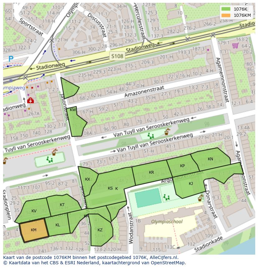 Afbeelding van het postcodegebied 1076 KM op de kaart.