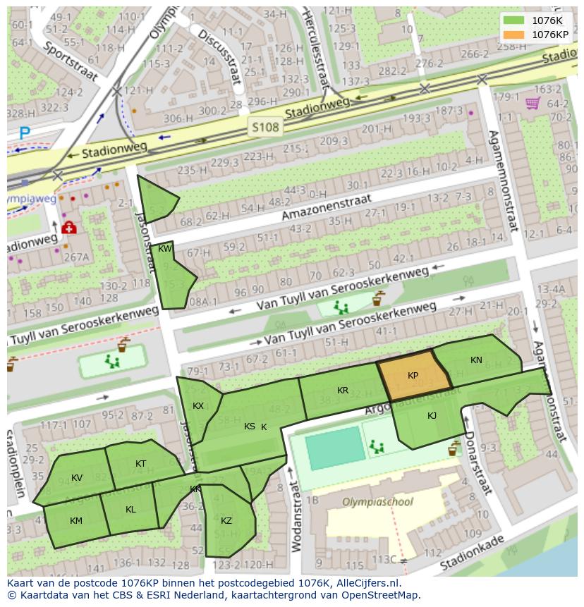 Afbeelding van het postcodegebied 1076 KP op de kaart.