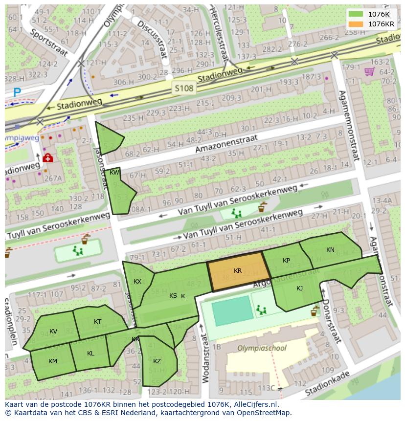 Afbeelding van het postcodegebied 1076 KR op de kaart.