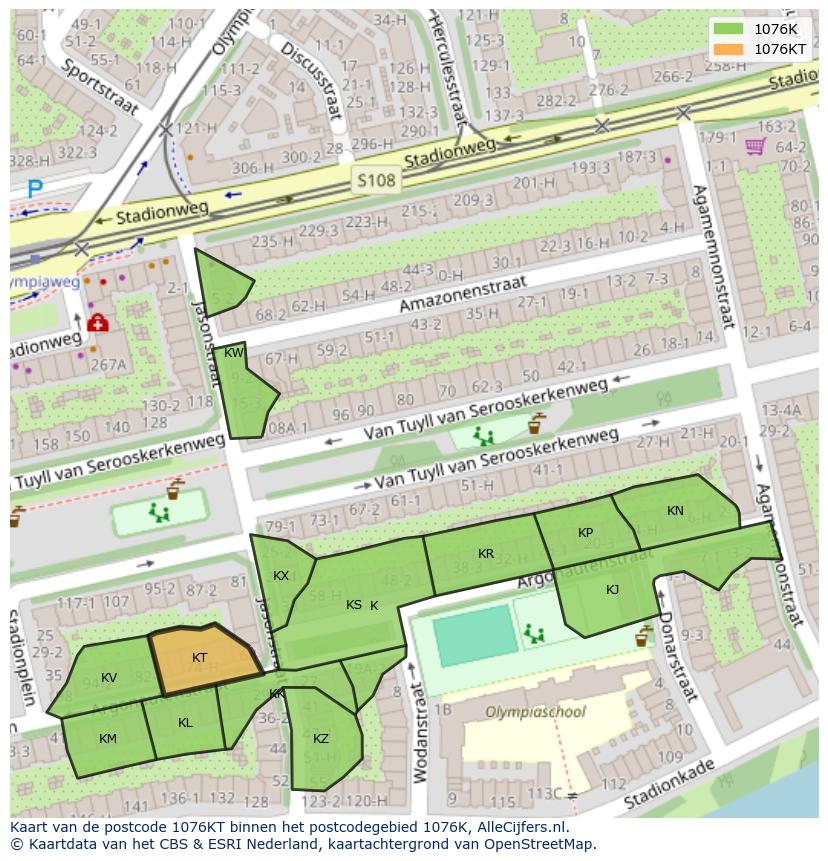 Afbeelding van het postcodegebied 1076 KT op de kaart.