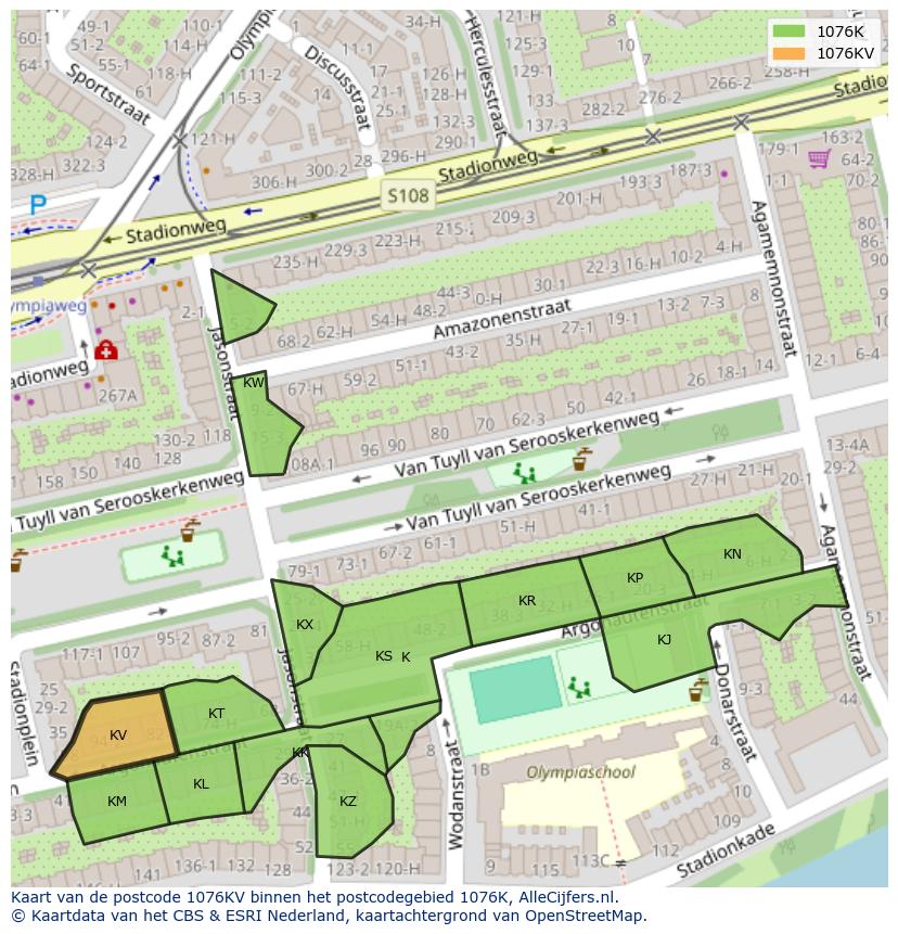 Afbeelding van het postcodegebied 1076 KV op de kaart.