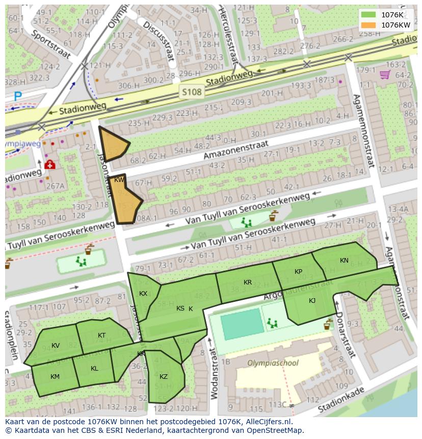 Afbeelding van het postcodegebied 1076 KW op de kaart.