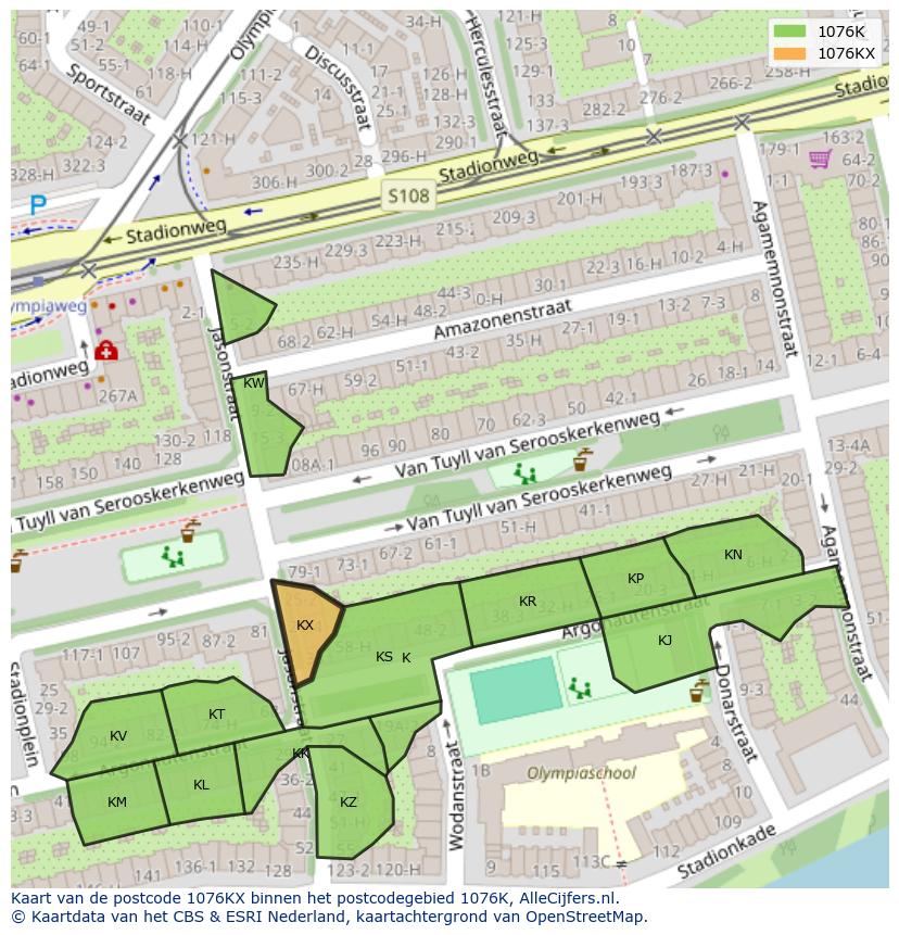 Afbeelding van het postcodegebied 1076 KX op de kaart.