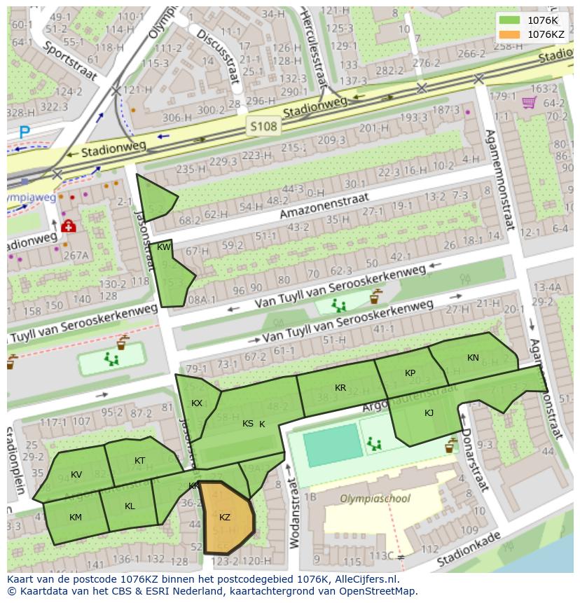 Afbeelding van het postcodegebied 1076 KZ op de kaart.