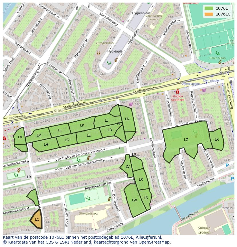Afbeelding van het postcodegebied 1076 LC op de kaart.