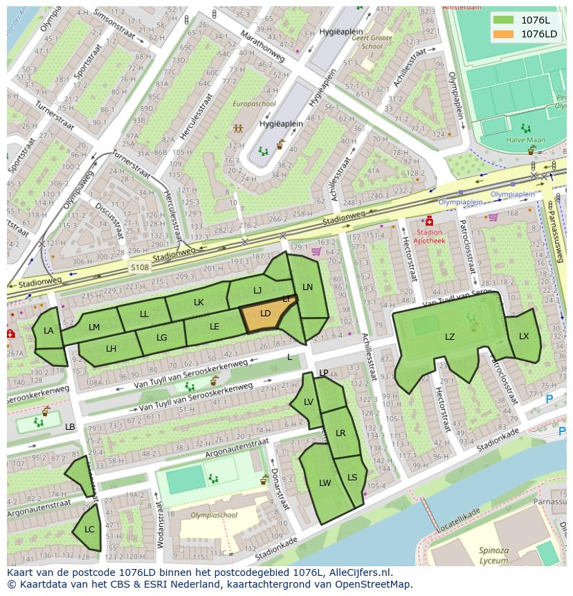 Afbeelding van het postcodegebied 1076 LD op de kaart.