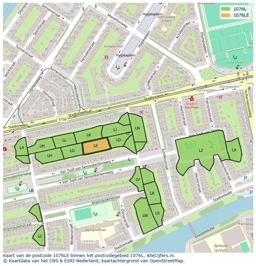 Afbeelding van het postcodegebied 1076 LE op de kaart.