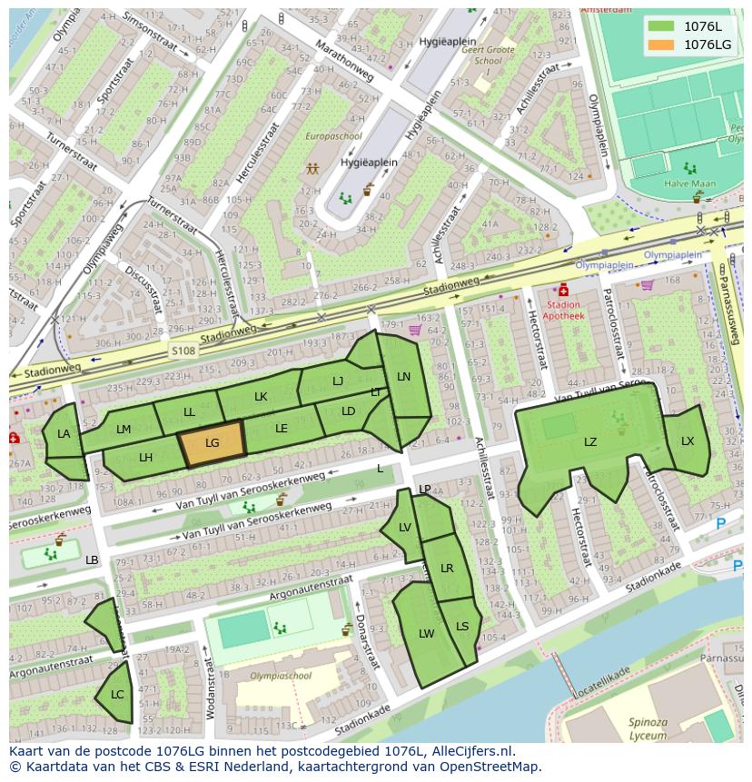 Afbeelding van het postcodegebied 1076 LG op de kaart.