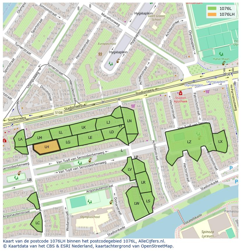 Afbeelding van het postcodegebied 1076 LH op de kaart.