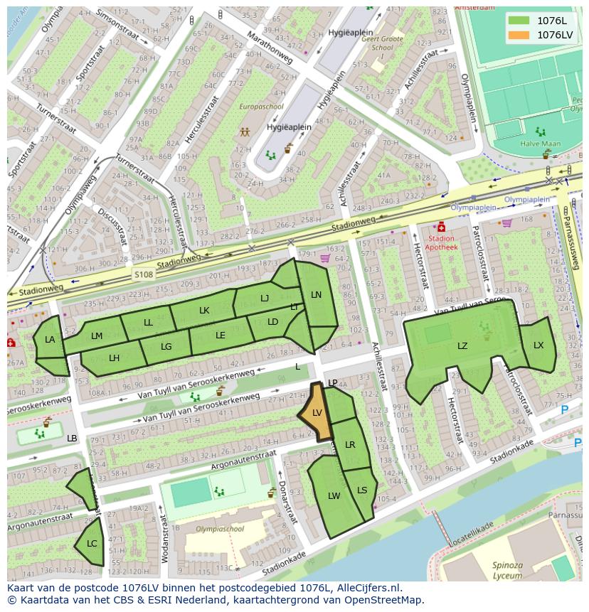 Afbeelding van het postcodegebied 1076 LV op de kaart.
