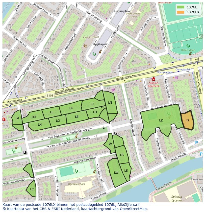 Afbeelding van het postcodegebied 1076 LX op de kaart.