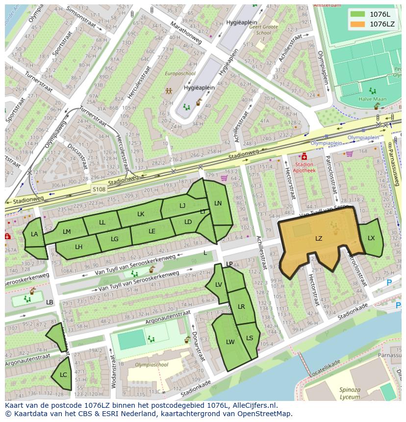Afbeelding van het postcodegebied 1076 LZ op de kaart.