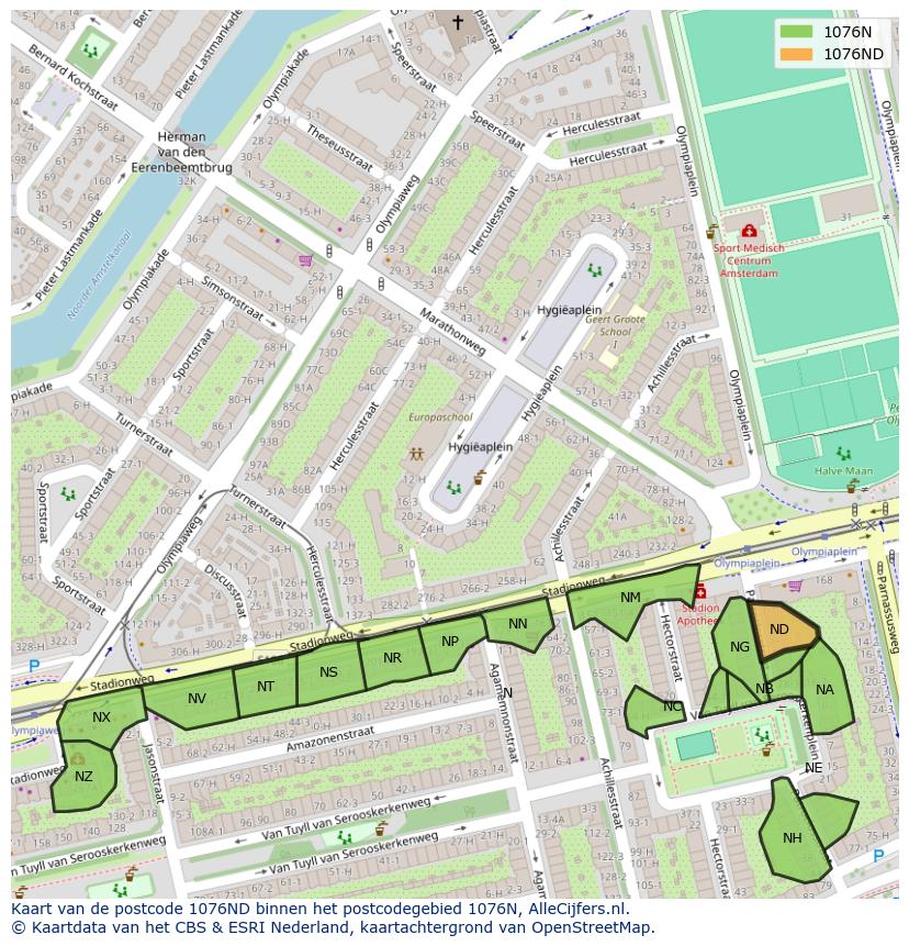 Afbeelding van het postcodegebied 1076 ND op de kaart.