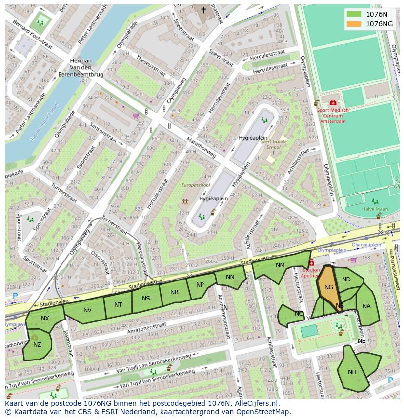 Afbeelding van het postcodegebied 1076 NG op de kaart.