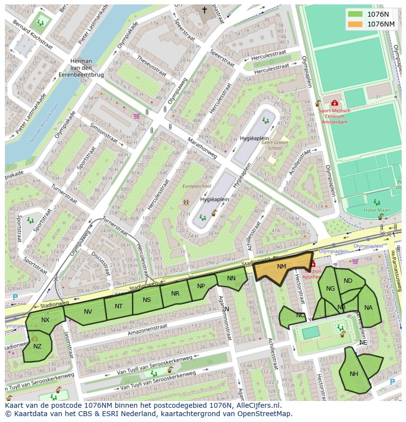 Afbeelding van het postcodegebied 1076 NM op de kaart.