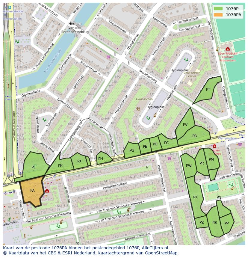 Afbeelding van het postcodegebied 1076 PA op de kaart.