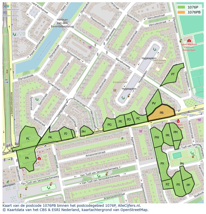 Afbeelding van het postcodegebied 1076 PB op de kaart.
