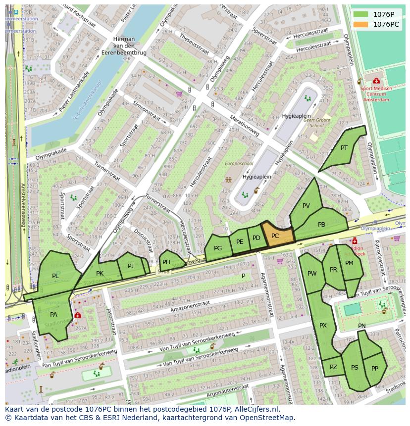Afbeelding van het postcodegebied 1076 PC op de kaart.