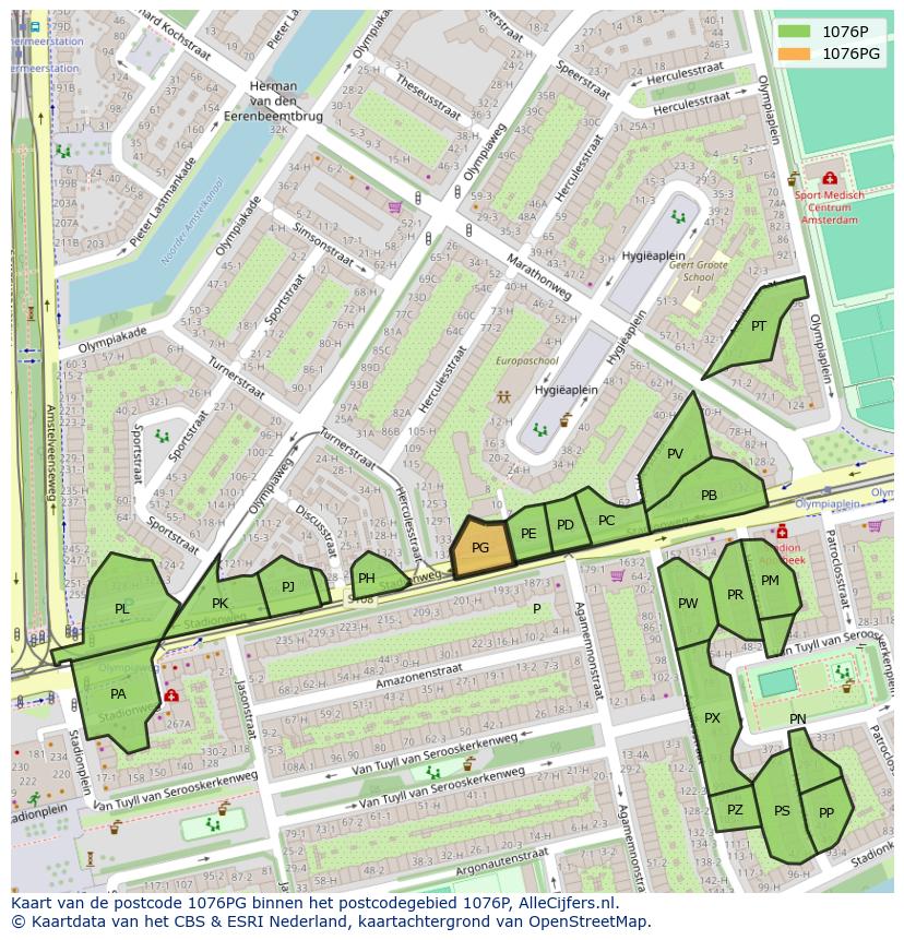 Afbeelding van het postcodegebied 1076 PG op de kaart.