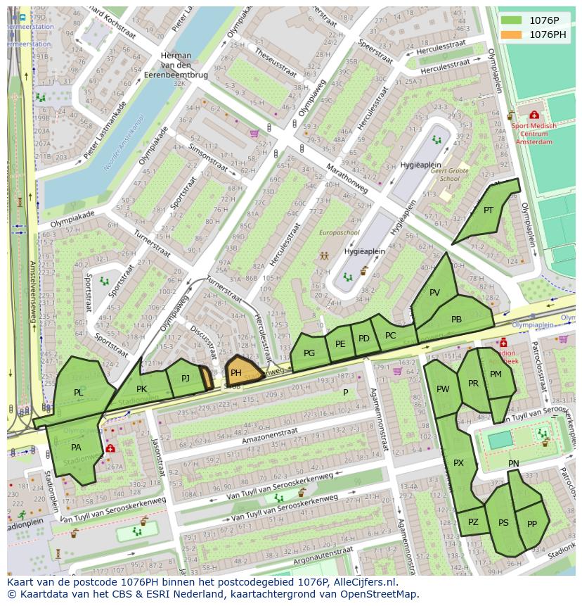 Afbeelding van het postcodegebied 1076 PH op de kaart.