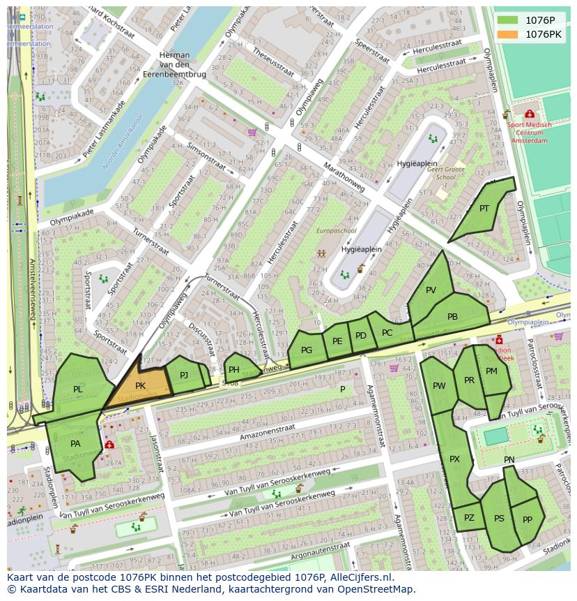 Afbeelding van het postcodegebied 1076 PK op de kaart.