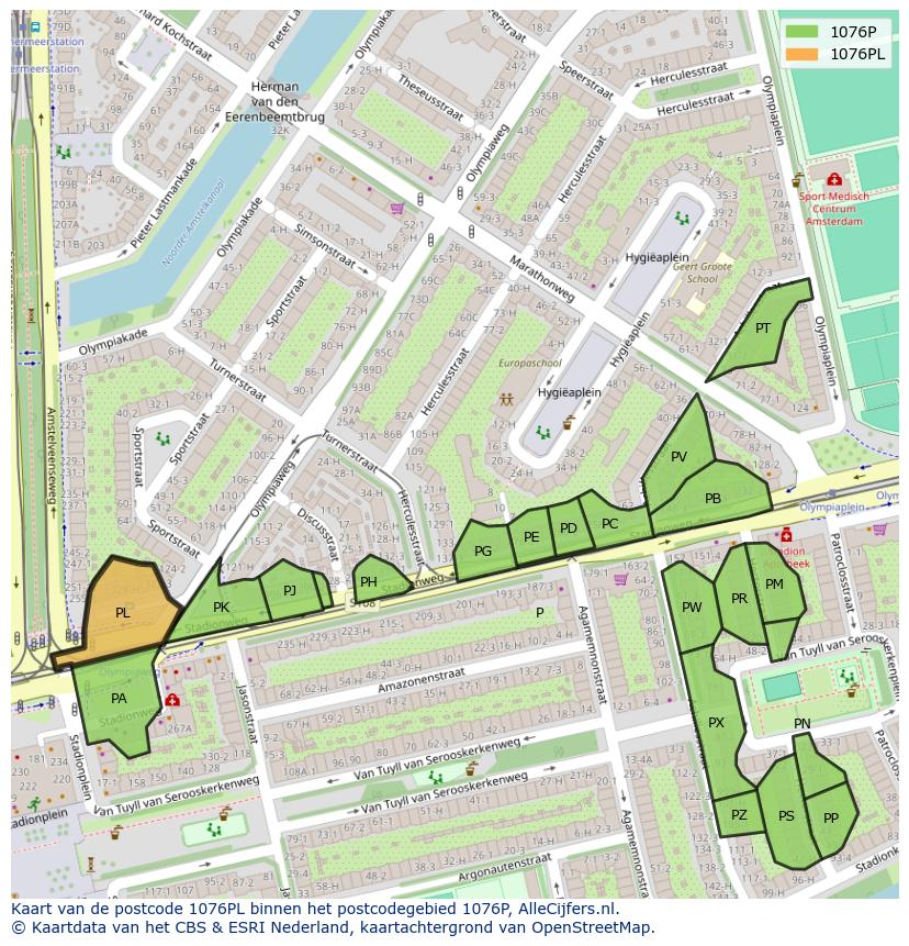 Afbeelding van het postcodegebied 1076 PL op de kaart.