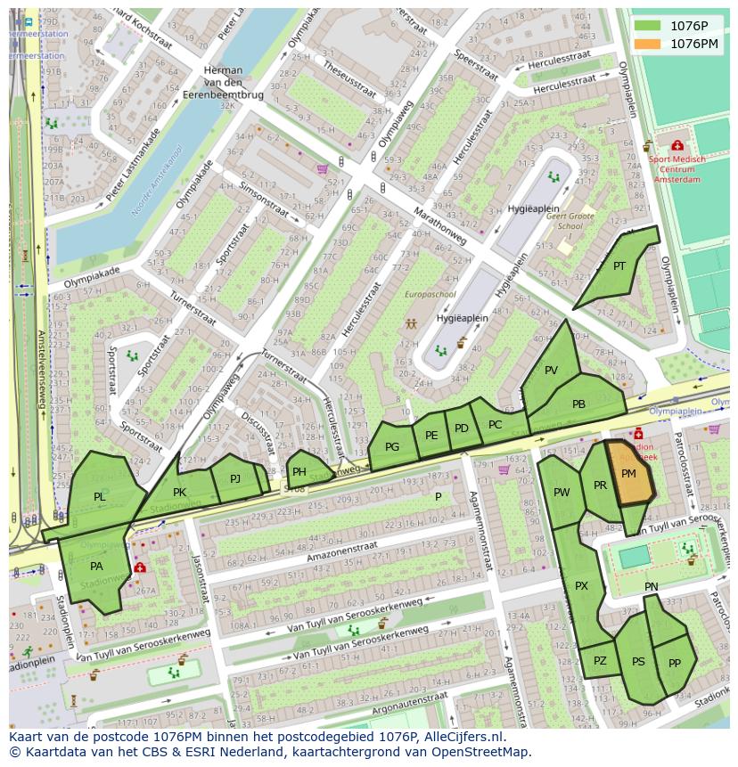 Afbeelding van het postcodegebied 1076 PM op de kaart.