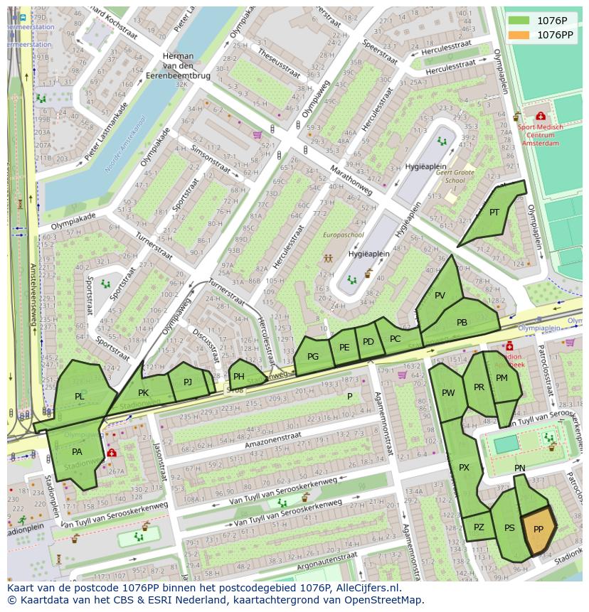 Afbeelding van het postcodegebied 1076 PP op de kaart.