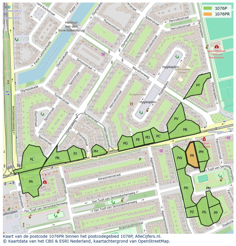 Afbeelding van het postcodegebied 1076 PR op de kaart.