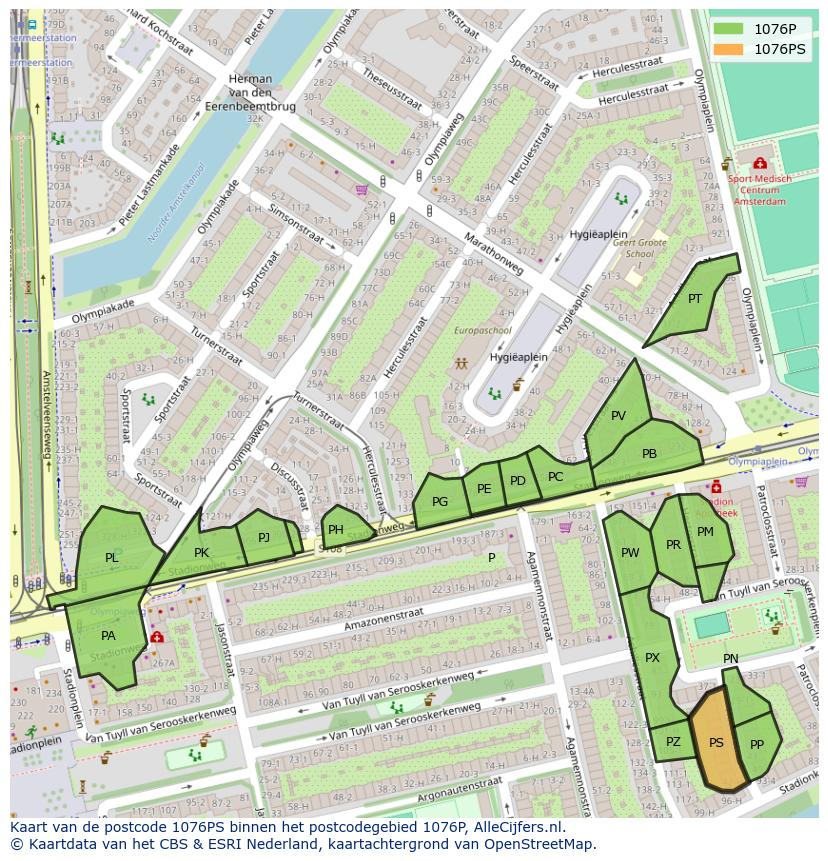 Afbeelding van het postcodegebied 1076 PS op de kaart.