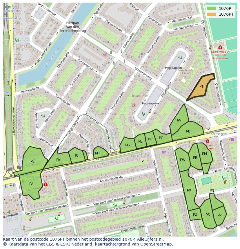 Afbeelding van het postcodegebied 1076 PT op de kaart.