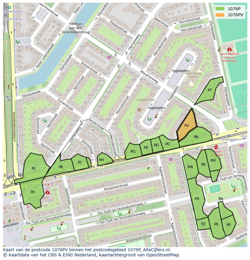Afbeelding van het postcodegebied 1076 PV op de kaart.