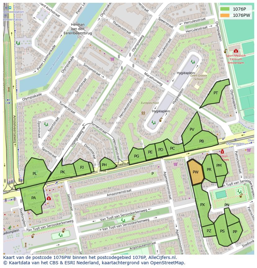 Afbeelding van het postcodegebied 1076 PW op de kaart.