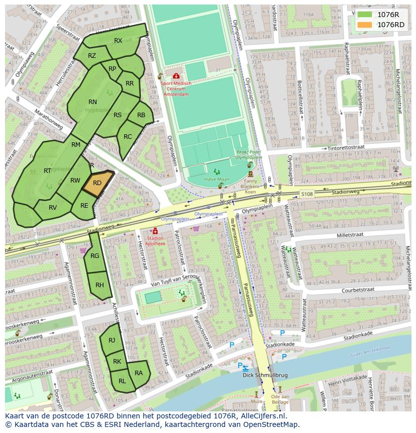 Afbeelding van het postcodegebied 1076 RD op de kaart.
