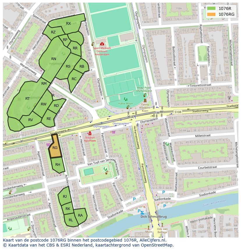 Afbeelding van het postcodegebied 1076 RG op de kaart.
