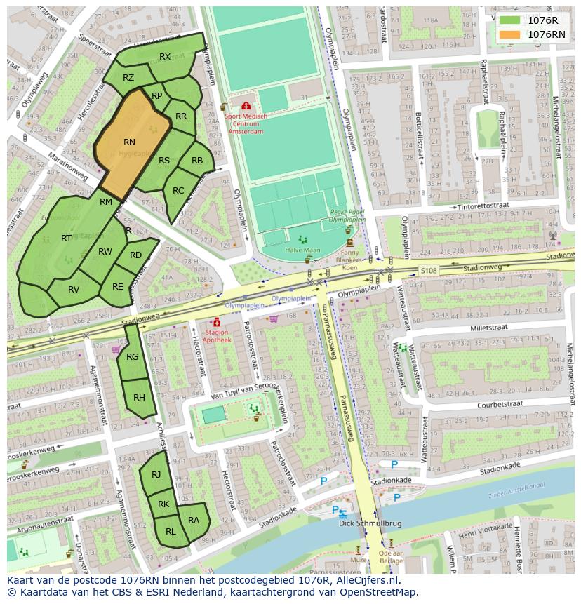 Afbeelding van het postcodegebied 1076 RN op de kaart.