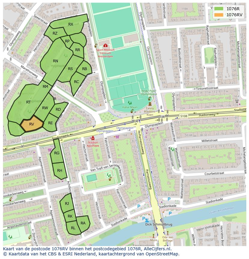 Afbeelding van het postcodegebied 1076 RV op de kaart.