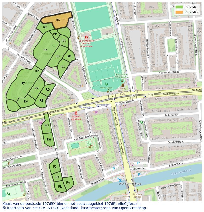Afbeelding van het postcodegebied 1076 RX op de kaart.