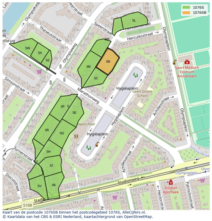 Afbeelding van het postcodegebied 1076 SB op de kaart.