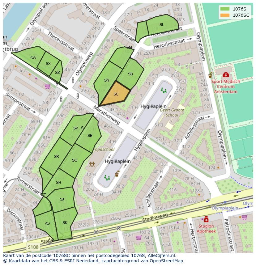 Afbeelding van het postcodegebied 1076 SC op de kaart.
