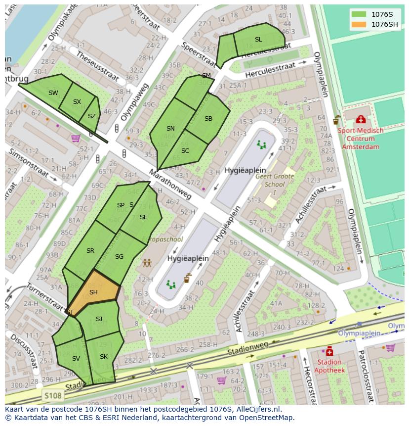 Afbeelding van het postcodegebied 1076 SH op de kaart.