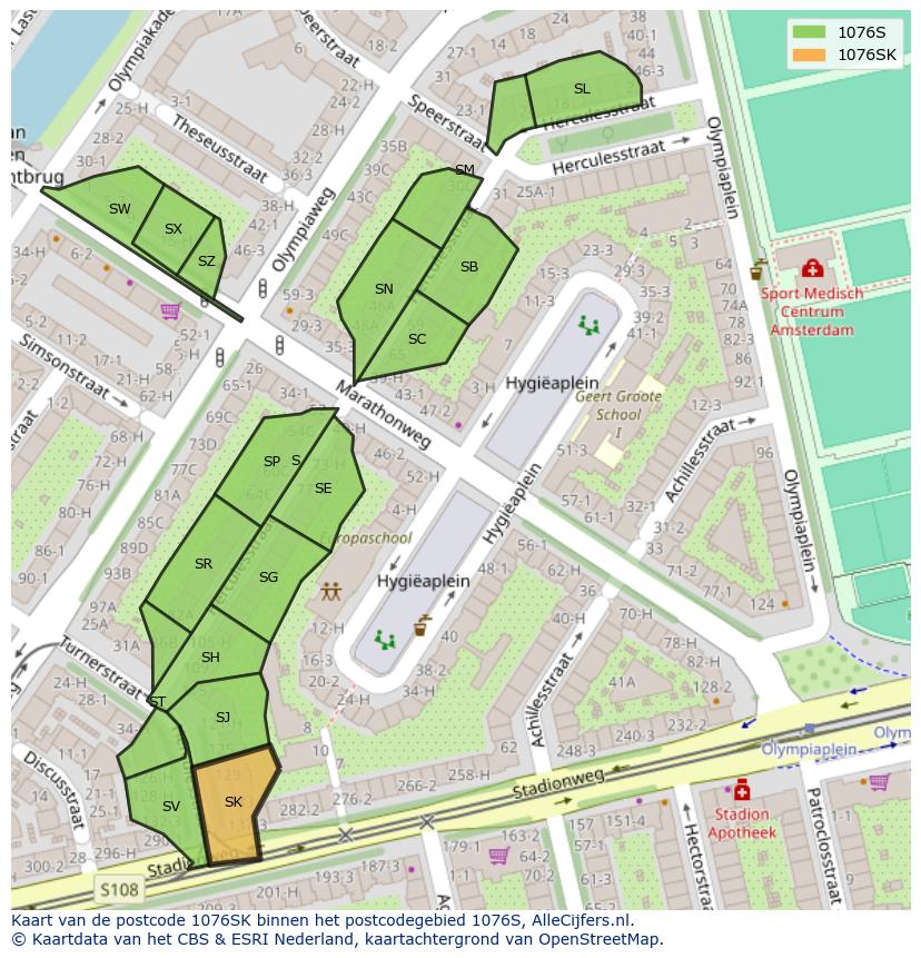 Afbeelding van het postcodegebied 1076 SK op de kaart.